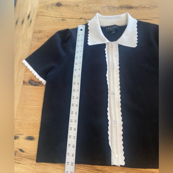 Laundry Women’s Black and White Button Down Short Sleeve Sweater Shirt Large Pre - Picture 4 of 9